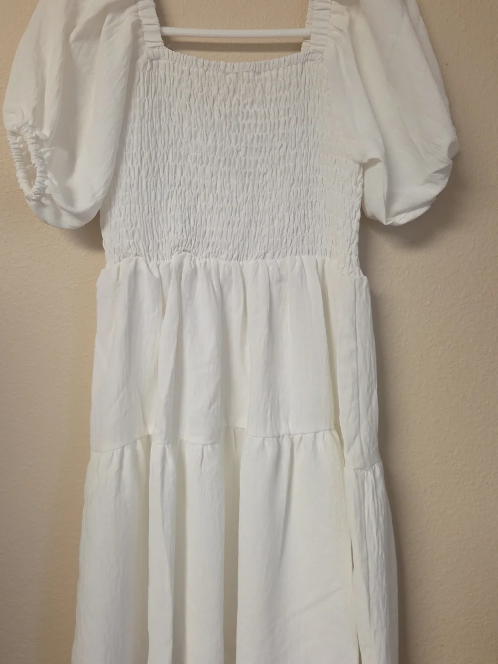 ODDI White Smocked Puff Sleeve Girls' Casual Dress